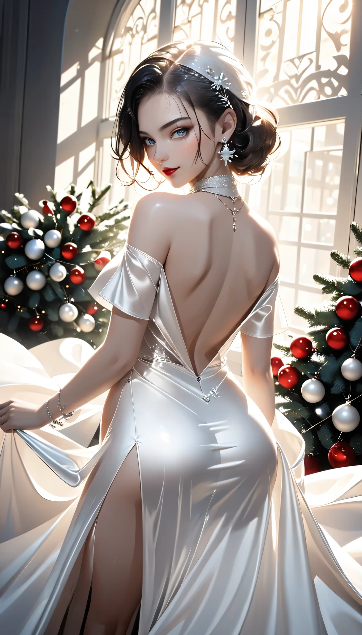 looking back, cool beauty, striking eyes, glossy silky ivory up-hair, amorous and lewd expression, smirk, perfect proportions,  (christmas outfit:1.4), wearing pearl white loose slingshot dress, platinum jewelry, delicate and dynamic textures, contrasts of light and shadow, , artistic photography, hyper realistic, graphic CG digital art, ultra detailed, absolutely resolution, best quality