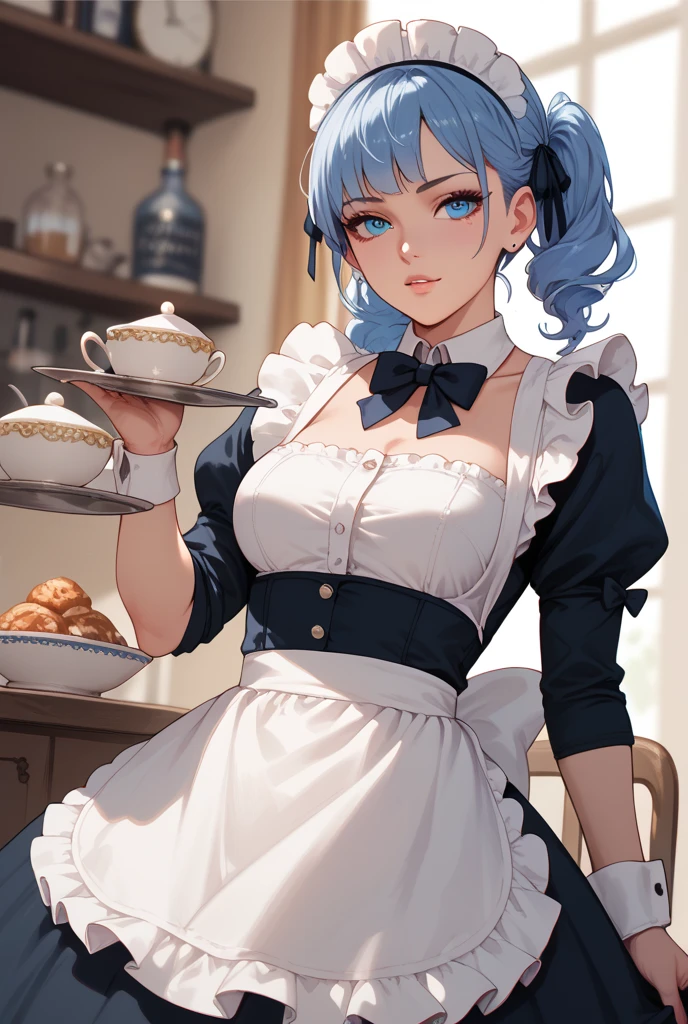 hyperrealistic), (illustration), (high resolution), (8K), (extremely detailed), (best illustration), (beautiful detailed eyes), (best quality), (super detailed), (masterpiece), (wallpaper), (detailed face), solo, (dynamic pose), 1 girl, wavy hair, sitting on the chair, (((blue hair))), heterochromic eyes, small spots under the eyes, ((short apron)), medium breasts, long legs, squeezes the abdomen, (camel's fingers), (no panties), (no bra),  (legs open)