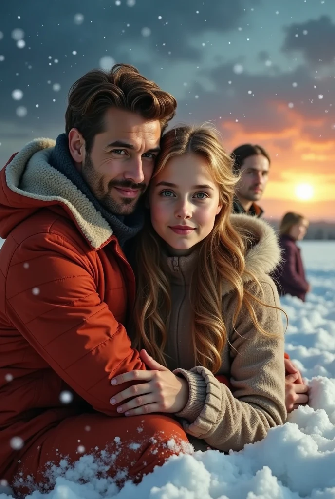 good days cold and with icy wind , Welcome harsh and cruel winter , bright colors of nature at dusk and the sun hiding in the winter horizon, In the distance my family is walking towards me