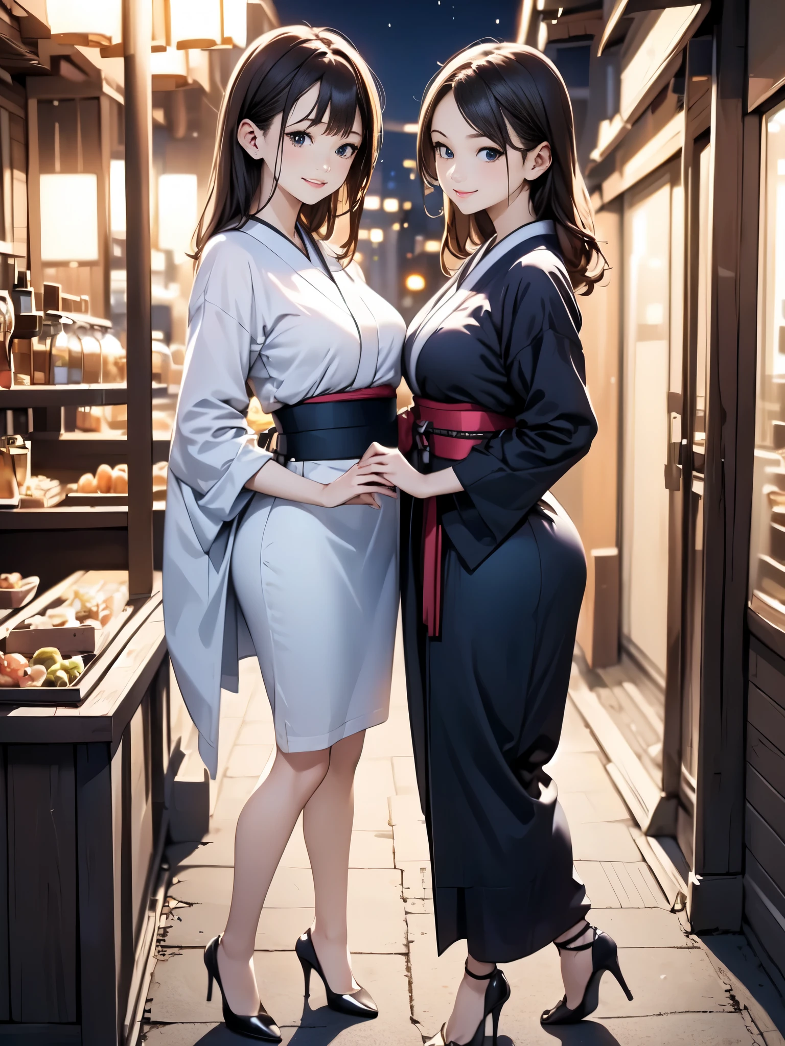 (masterpiece:1.2, highest quality), (realistic, photorealistic:1.4), (full body:1.8,full nude:1.8),beautiful illustrations, (natural side lighting, movie lighting),
looking at the viewer, ((2 girls:1.7)),((Black-haired beauty and blonde beauty)), Japanese, perfect face, Cute symmetrical face, shiny skin, baby face,
(long hair, straight hair, sideburns), flowing bangs, blue eyed idol chest, seductive thighs, big ass), earrings,
beautiful hair, beautiful face, fine and beautiful eyes, beautiful clavicle, beautiful body, beautiful breasts, beautiful thighs, beautiful feet, beautiful fingers, toes)), perfect body beauty:1.4、8 heads and bodies,
(beautiful scenery), evening, (cafe shop), Are standing, (nice smile, Upper grade),