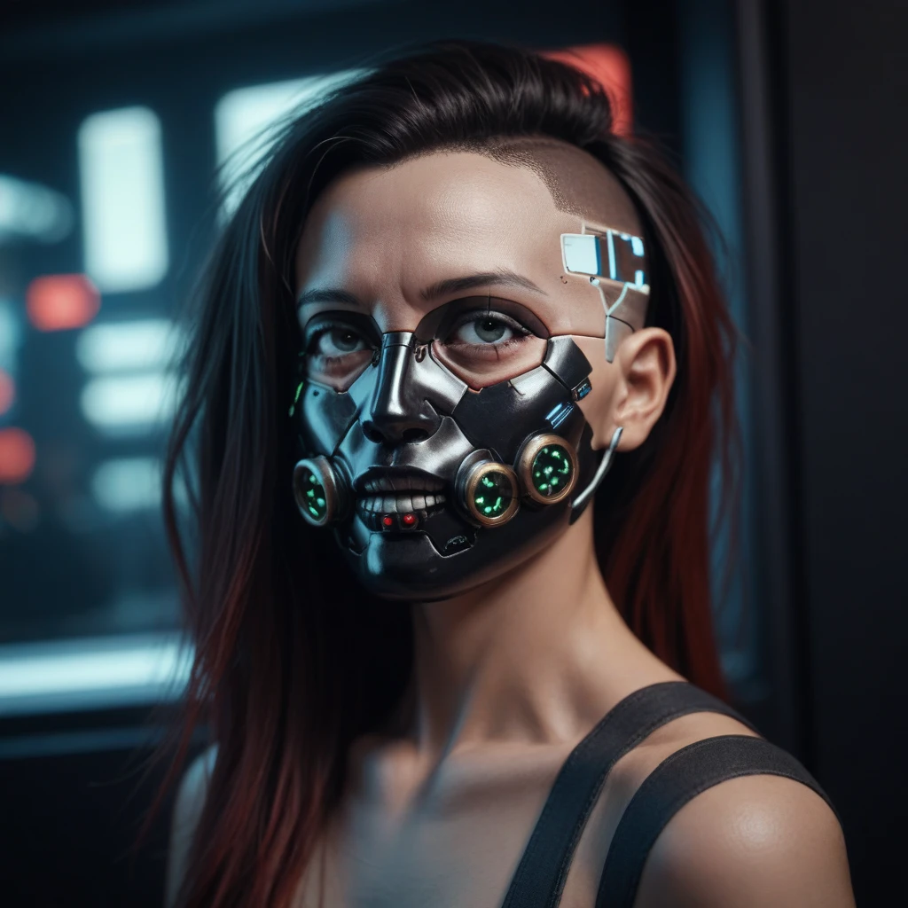 arafed woman with a mask and a metal headpiece, cyberpunk face, beautiful cyberpunk girl face, cybernetic machine female face, hyper-realistic cyberpunk style, wojtek fus, cyberpunk style ， hyperrealistic, cyberpunk horror style, cyborg girl, cyborg - girl, portrait of a cyberpunk cyborg, cyberpunk cyborg, trending on artstation 4k, cyberpunk cyborg waspblond woman with a skeleton mask and a red and white face, cyberpunk horror style, horrific digital art, wojtek fus, detailed portrait of a cyborg, greg beeple, hyper-realistic cyberpunk style, realism | beeple, beeple. hyperrealism, by Russell Dongjun Lu, hyper detailed digital art, wadim kashin. ultra realistic