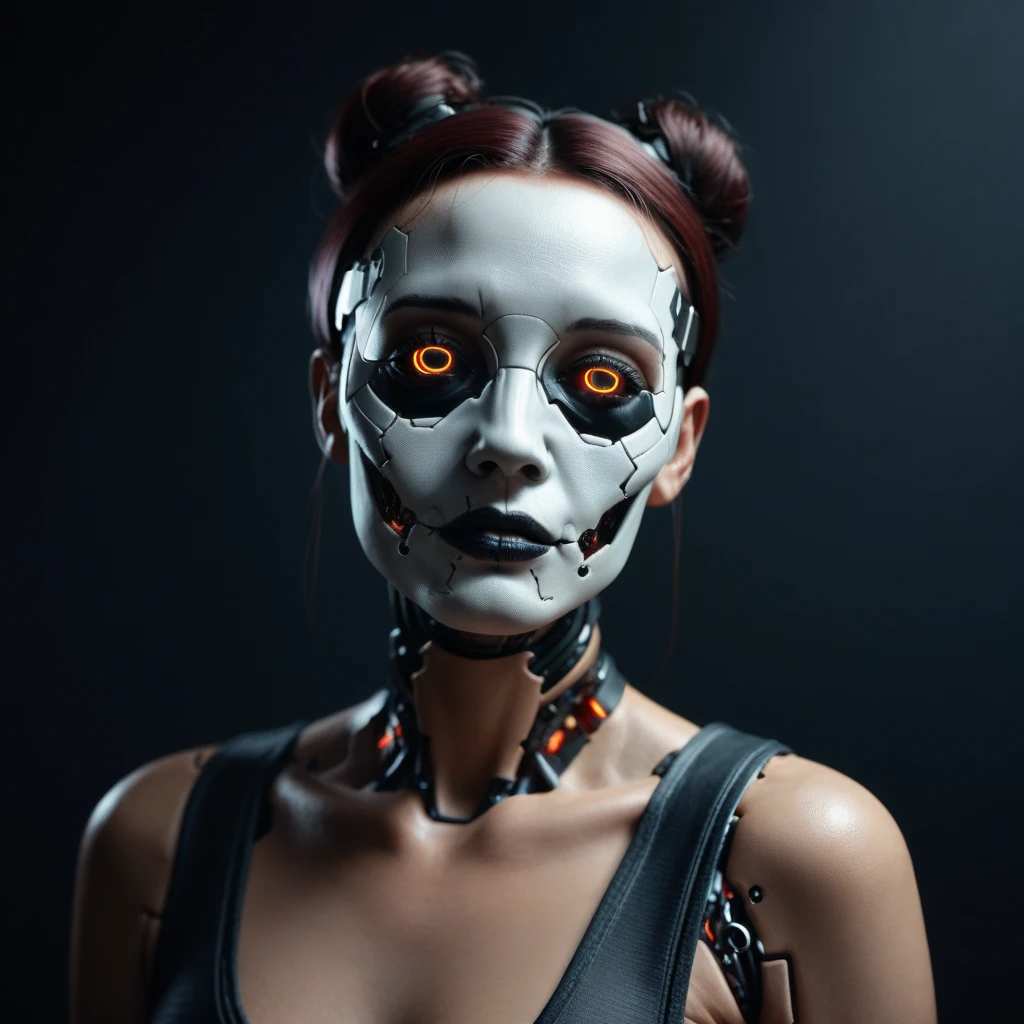 arafed woman with a mask and a metal headpiece, cyberpunk face, beautiful cyberpunk girl face, cybernetic machine female face, hyper-realistic cyberpunk style, wojtek fus, cyberpunk style ， hyperrealistic, cyberpunk horror style, cyborg girl, cyborg - girl, portrait of a cyberpunk cyborg, cyberpunk cyborg, trending on artstation 4k, cyberpunk cyborg waspblond woman with a skeleton mask and a red and white face, cyberpunk horror style, horrific digital art, wojtek fus, detailed portrait of a cyborg, greg beeple, hyper-realistic cyberpunk style, realism | beeple, beeple. hyperrealism, by Russell Dongjun Lu, hyper detailed digital art, wadim kashin. ultra realistic