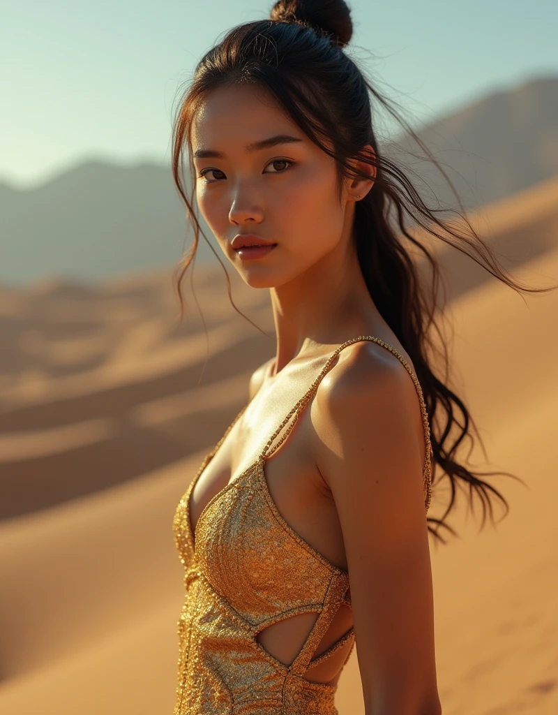 “(Best Quality,4k,High resolution,masterpiece:1.2),ultra detailed,(realist,photorealist,photo-realist:1.37),Portraits,desert, rifle, detailed skin texture, tattoos, dramatic lighting, vibrant colors, arena dunes, intense look, long loose hair, aged wooden stock, intricate engravings, bullet shell, dynamic pose, strong facial features, PENETRATING EYES, desert sunset, Rugged terrain, smoke trails, powerful posture, hard shadows, dust particles, intricate jewelry, tribal patterns