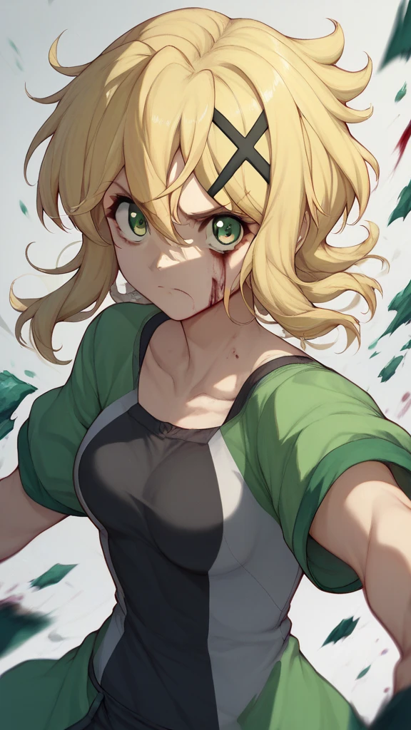  akatsuki kirika blonde hair, 1girl, Alone, green eyes, looking at viewer, medium breasts x hair ornament,、 some clothes damaged 、fight、Bloody、Feeling like there's momentum