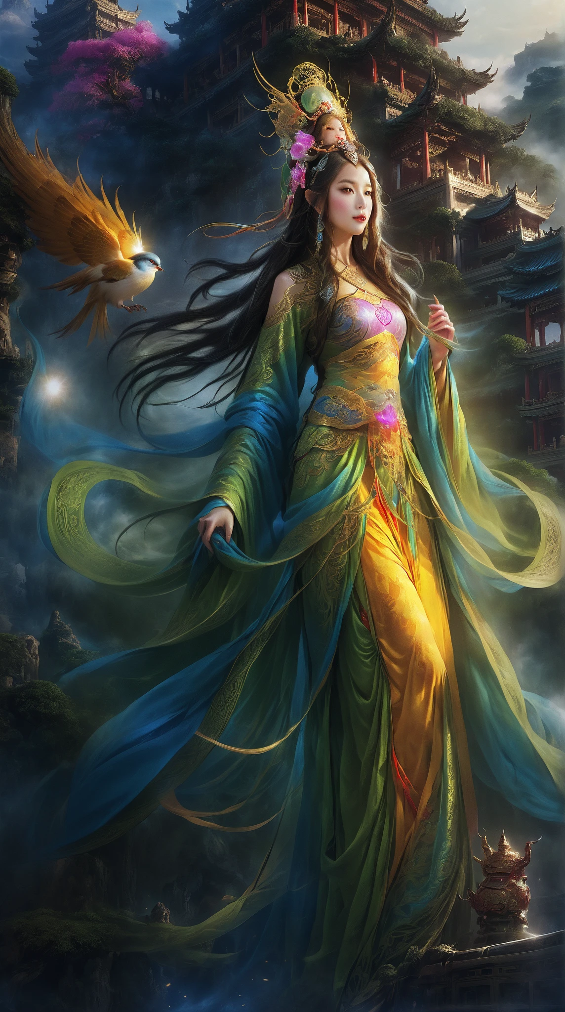  high detail,fantasy world，palace, Ancient Chinese Myth,A Goddess ,Female Swallow，long hair,headgear, Big breasts, Wearing Fairy Costumes, watching people ,