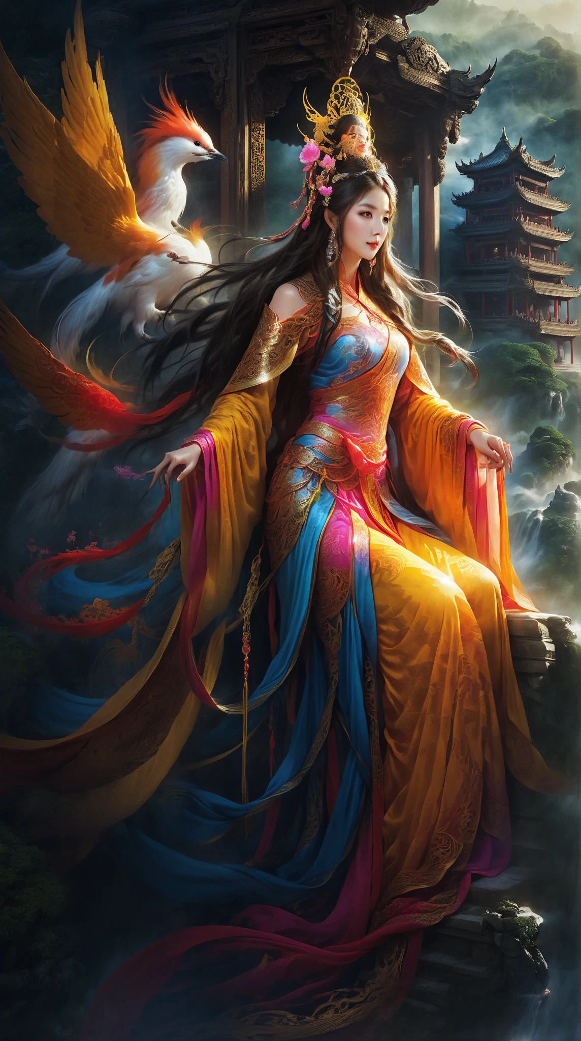  high detail,fantasy world，palace, Ancient Chinese Myth,A Goddess ,Female Swallow，long hair,headgear, Big breasts, Wearing Fairy Costumes, watching people ,