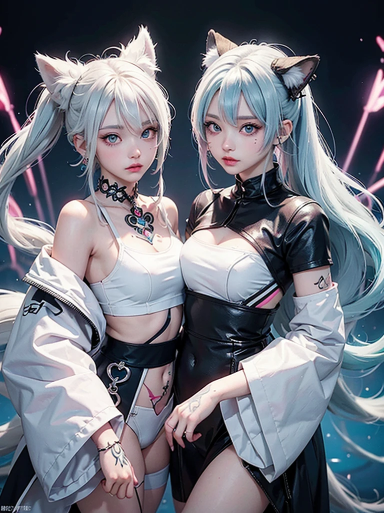 2 girls, neon white hair, moonlight eyes, fox ear, tattoo sleeves and piercings ((Anime style)), Harajuku-inspired hip-hop clothing, soft colors, neon paint splattered background, Soft stroke