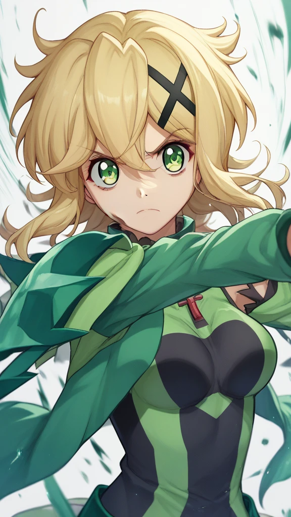  akatsuki kirika blonde hair, 1girl, Alone, green eyes, looking at viewer, medium breasts x hair ornament,、 some clothes damaged 、fight、Bloody、Feeling like there's momentum、Partially armed 、 feels like armor is peeling off 、未完成の変身状態でfight