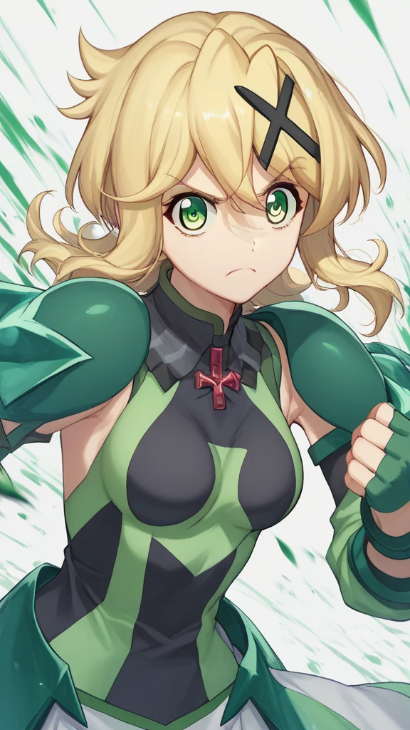  akatsuki kirika blonde hair, 1girl, Alone, green eyes, looking at viewer, medium breasts x hair ornament,、 some clothes damaged 、fight、Bloody、Feeling like there's momentum、Partially armed 、 feels like armor is peeling off 、未完成の変身状態でfight