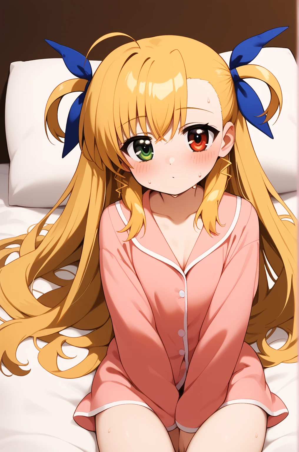 masterpiece,best quality,{{detailed beautiful face and eyes}},
Vivio,{{{megami magazine}}},long hair,blonde hair,ahoge,two side up,hair ribbon,heterochromia,grenn eyes,red eyes,flat chest,
((pink pajamas)),
1loli,cleavage,(is aroused,big blush:1.0),sweat,
((on bed,hand between legs,my legs:1.2)),
(night bedroom background:1.0),clothed
