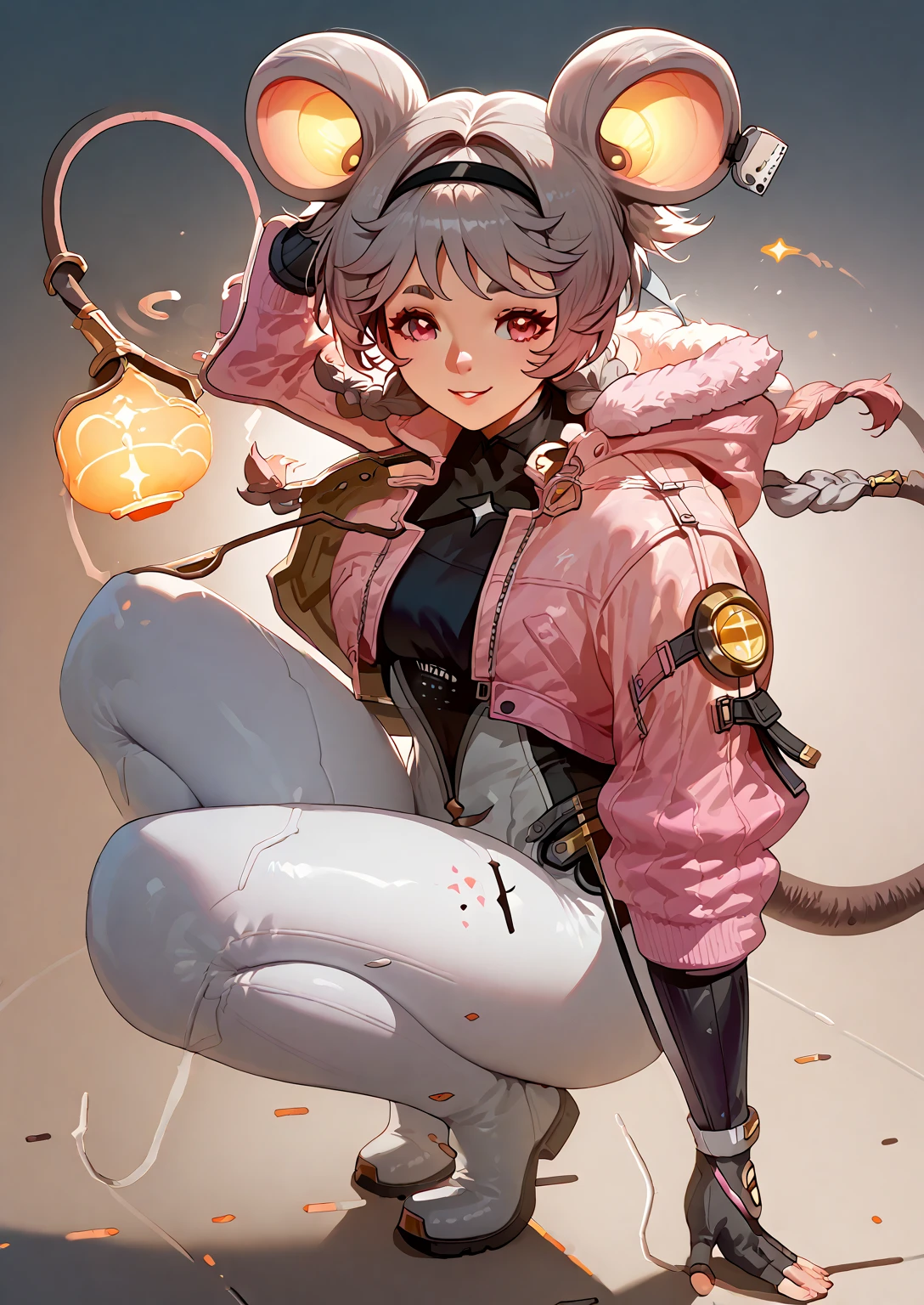 lumiwuwa, 1girl, solo, jacket, braid, gloves, twin braids, animal ears, fingerless gloves, bodysuit, tail, mouse tail, smile, mouse ears, pink jacket, grey hair smile thick thighs, crouching 