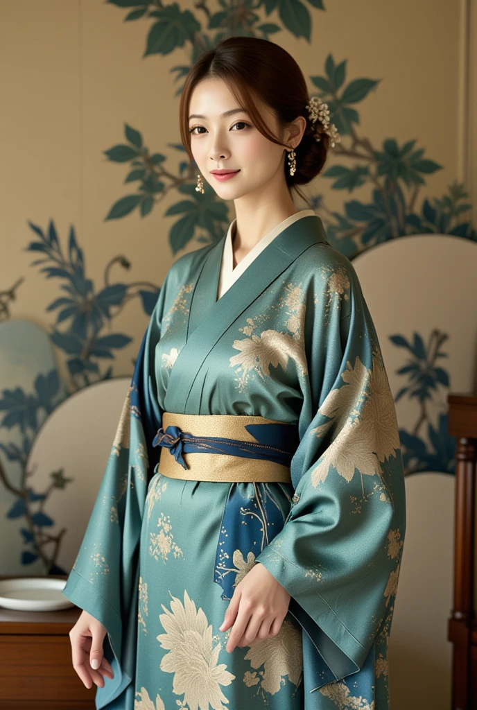 A graceful East-Asian woman wearing a dress with patterns inspired by traditional Japanese kimono motifs, featuring elegant floral designs and subtle textures. The dress retains its original blue and green color palette, but the patterns are transformed into intricate, kimono-style artistry. The background complements this aesthetic, showcasing a mural-like wall art with traditional Japanese themes, harmonizing with the elegance and sophistication of her attire.