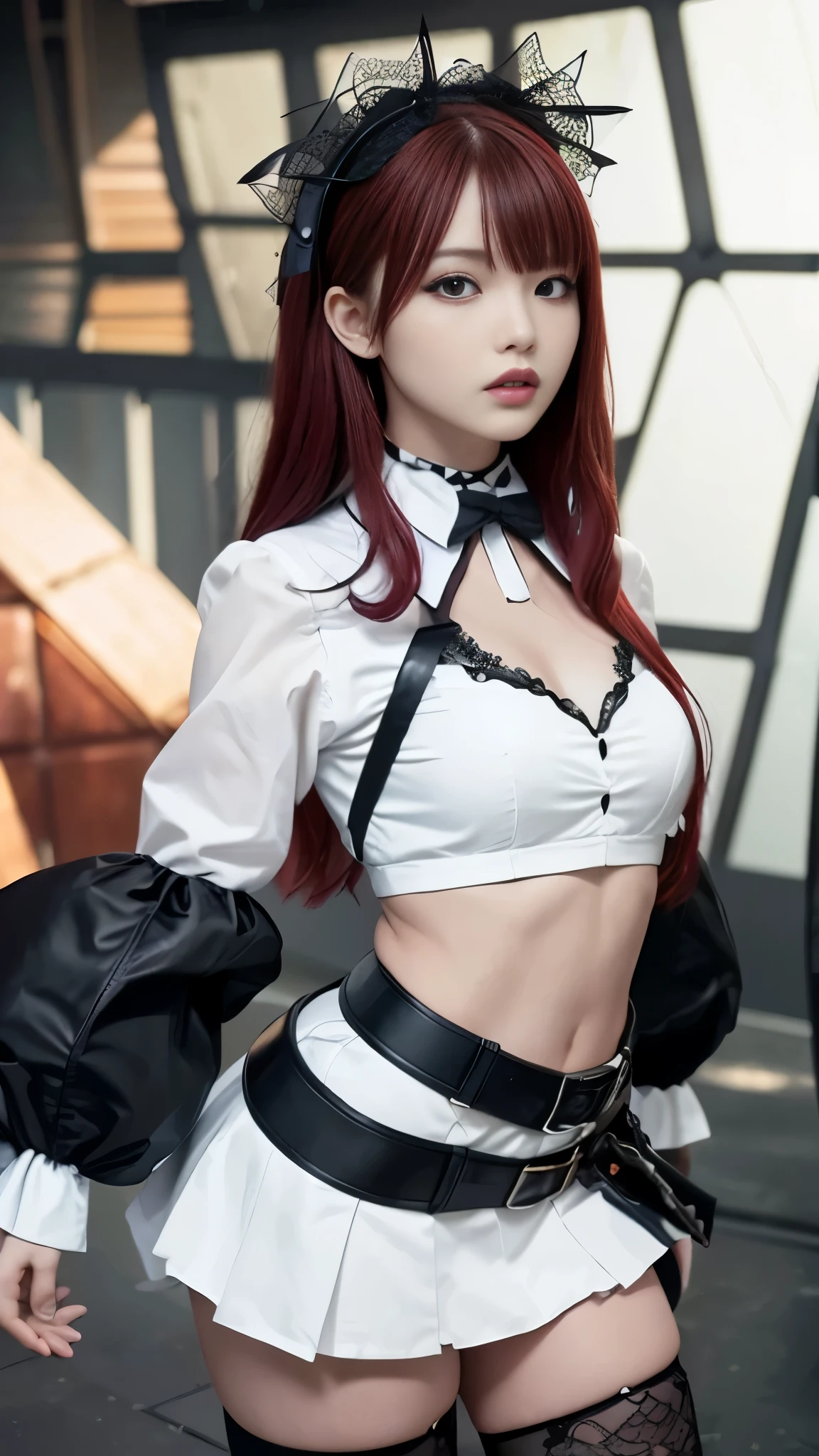 masterpiece、 top quality 、 super high res、 super high definition ,aesthetic、16k、 ( photorealistic:1.4)、 red hair ,  Japanese 、( gothic punk fashion:1.2)、night 、flat chest:1.8, AA-cupの胸、 Slim Waist:1.2、 Long Sleeve 、マイクロミニ skirt、(Unreal and dynamic、Surreal、 absurd、 dynamic action shots、 portrait、Super sharp、 particle effects  , Beautiful Effects,  bright colors , 超A high resolution 、 octane rendering 、( Ultra Realistic Details )、 portrait、 ultra-realistic textured face and skin、( Perfect Anatomy)、 CGSoation Trends 、 DARK FANTASY 、 beautiful symmetrical face 、Upper teeth、( Perfect Anatomy)、 CGSoation Trends、thigh、 thick lips :1.8、 skirt