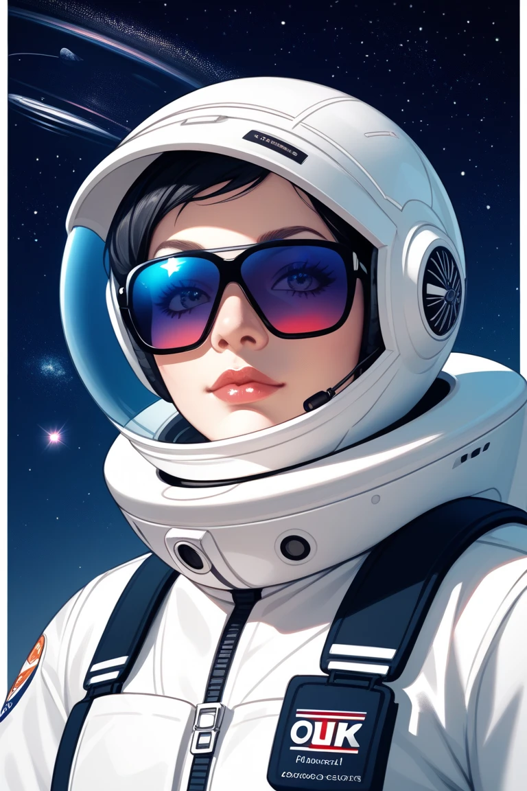 Stylish astronauts in modern and stylish space suits stand in monochrome outer space.The background includes stars, planets, and space elements in shades of black, white, and gray.The composition is minimalist and elegant, focusing on the detailed textures of the astronauts and their spacesuits.The atmosphere is serene, mysterious and sophisticated, evoking a sense of exploration.