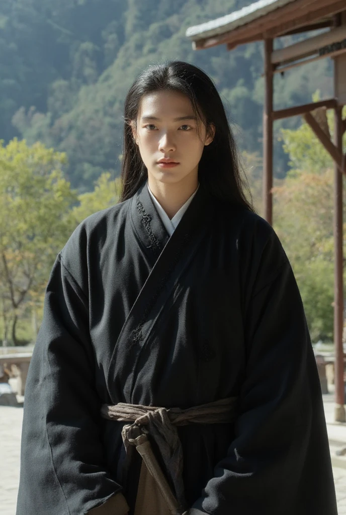 Black Hanfu Black shawl long hair The boy sits in a chair facing the audience Surrounded by Chinese dragons