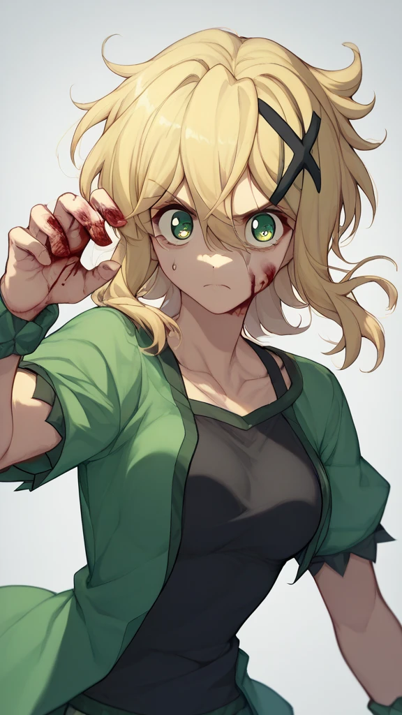  akatsuki kirika blonde hair, 1girl, Alone, green eyes, looking at viewer, medium breasts x hair ornament,、 some clothes damaged 、fight、bleed、only wrist、Covered in blood、Bloody、Feeling like there's momentum