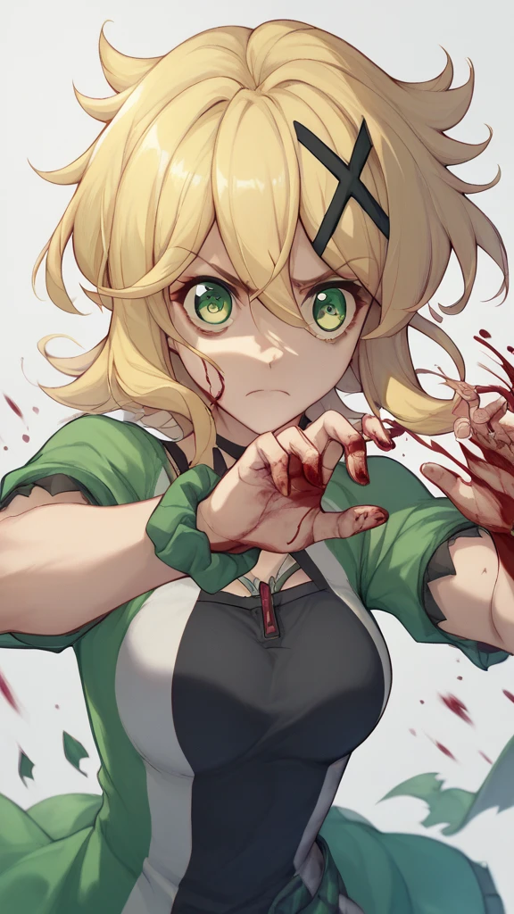  akatsuki kirika blonde hair, 1girl, Alone, green eyes, looking at viewer, medium breasts x hair ornament,、 some clothes damaged 、fight、bleed、only wrist、Covered in blood、Bloody、Feeling like there's momentum