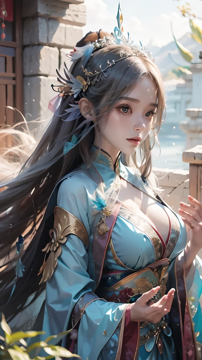 lifelike, high resolution, 1 female, Buttocks up, beautiful eyes, long hair, eye socket, jewelry, tattoo, V-neck, huge breasts, Upper body, hanfu, Chinese fairy, Taoist clothing