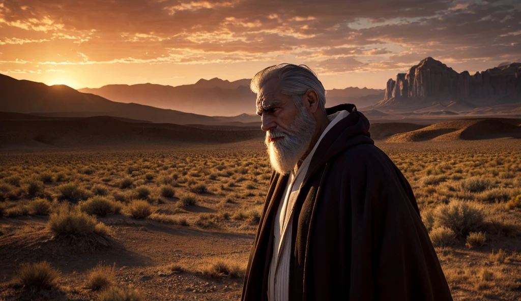 "A realistic 3D scene of an elderly man with a white beard, a sad expression and tears in his eyes, holding a frightened  in his arms. The man is wearing a traditional hooded robe with striped fabric. The setting is a desert with mountains in the background, under a dramatic sunset light with intense orange tones. The sky has a bird flying in the distance, completing the emotional and desolate atmosphere. The details of the expressions and the surrounding scenery are highlighted, creating a sense of depth and intensity."