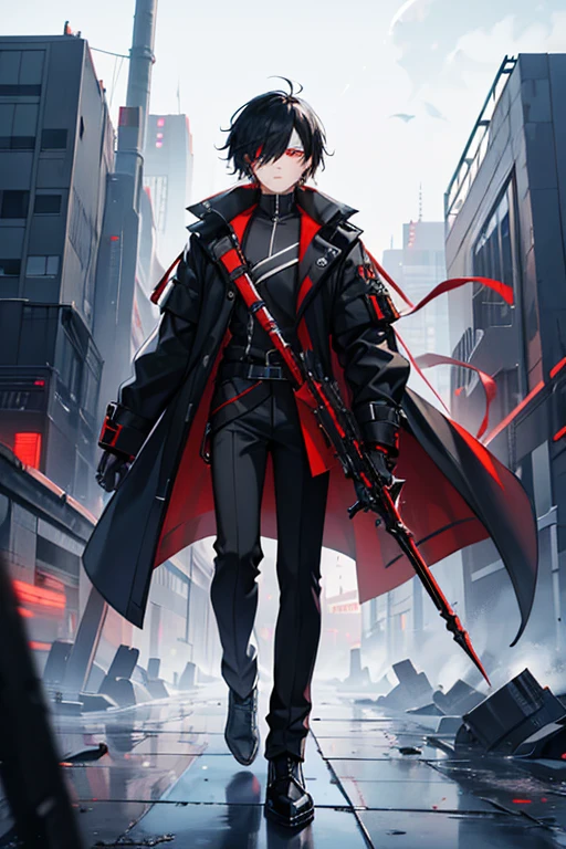 (( top quality )), ((masterpiece)), ( Details),　Male young 　 black hair with one eye hidden 　 futuristic industrial anime clothing 　 slightly larger black long coat 　Black and Red　 red eyes　Deploying a blue magic circle 　 holding red and black blades in both hands