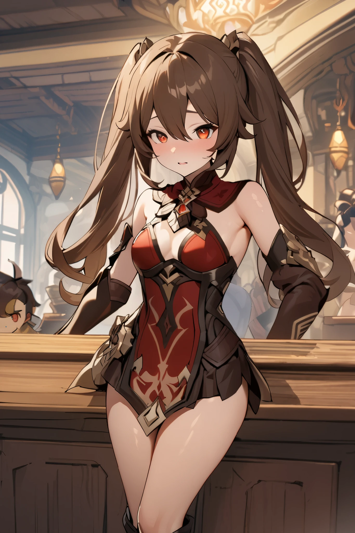 NSFW,masterpiece, top quality , high res, very detailed,walnut\(Genshin Impact\)、 long hair、bangs、Brown Hair、Red Eye、 hair between eyes、 twin tails、side lock、 symbol shaped pupil , leotards, sleeveless, micro mini skirt, fantasy, Adventurers Guild, reception counter