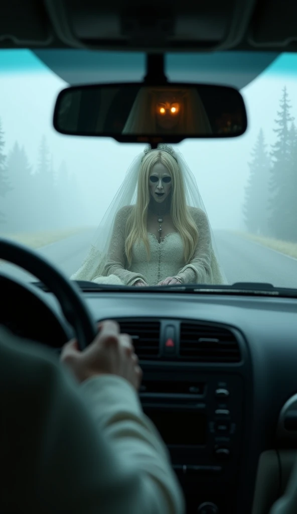 Inside the car, the White Lady in white slowly turns her head towards the driver, revealing a pale, haunting face with dark eyes. The driver's expression is one of fear and shock. The car interior remains dimly lit, with the foggy forest road and twisted trees visible through the windows. Cinematic, high contrast, spooky.