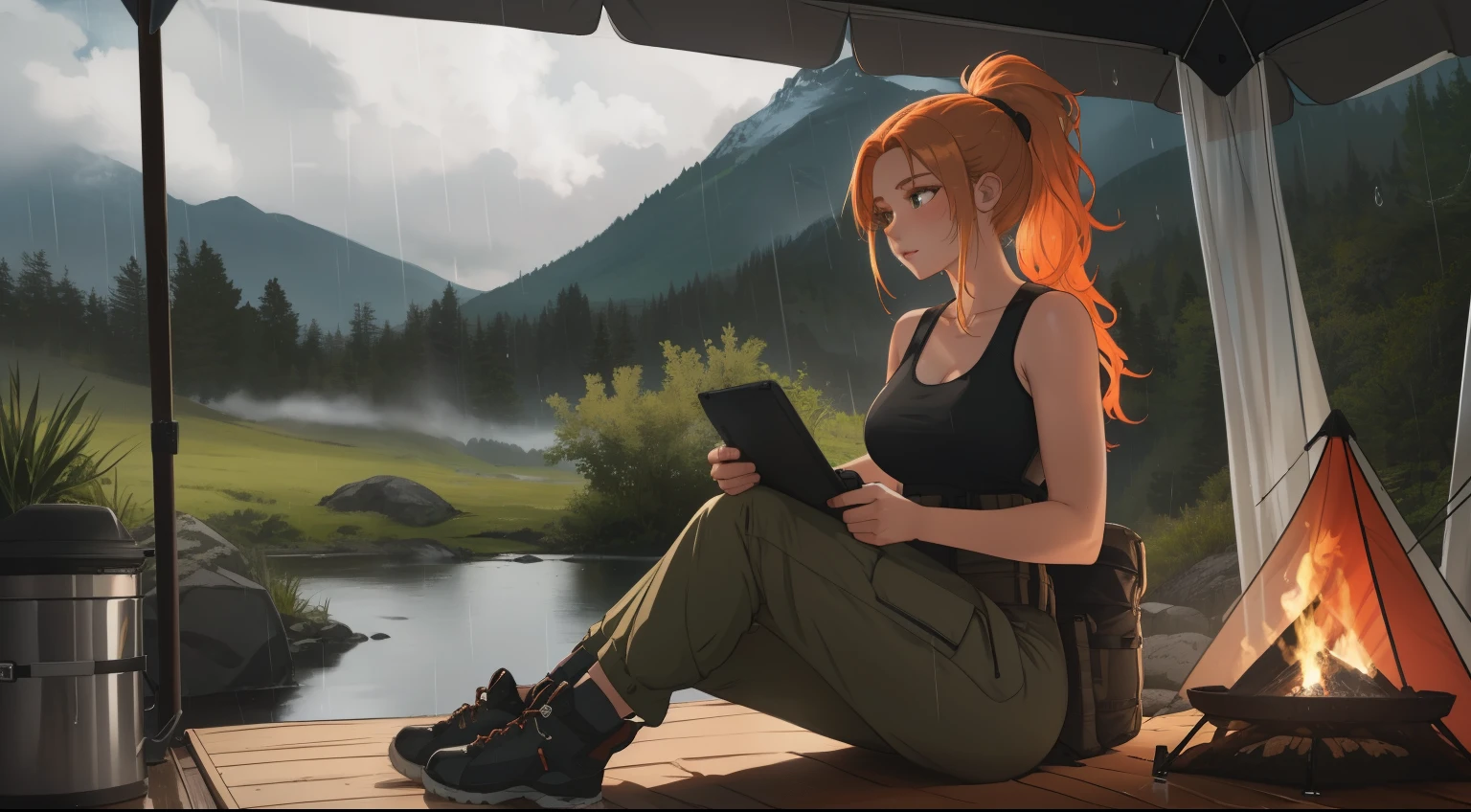 "A picturesque camping scene on a misty mountain during the rainy season, capturing a cozy and adventurous atmosphere. A young woman with blonde-red hair tied in a sleek ponytail is sitting near a modern campfire with a warm, glowing flame, surrounded by high-tech yet nature-inspired camping gear. She wears a long brown tank top and rugged cargo pants, blending comfort and functionality. The tent is open, revealing a cozy interior with minimalist yet stylish equipment. Soft rain falls, creating glistening droplets on the lush green foliage, while the distant view showcases rolling mountains cloaked in clouds. The lighting is warm and natural, evoking a peaceful and intimate connection with nature."