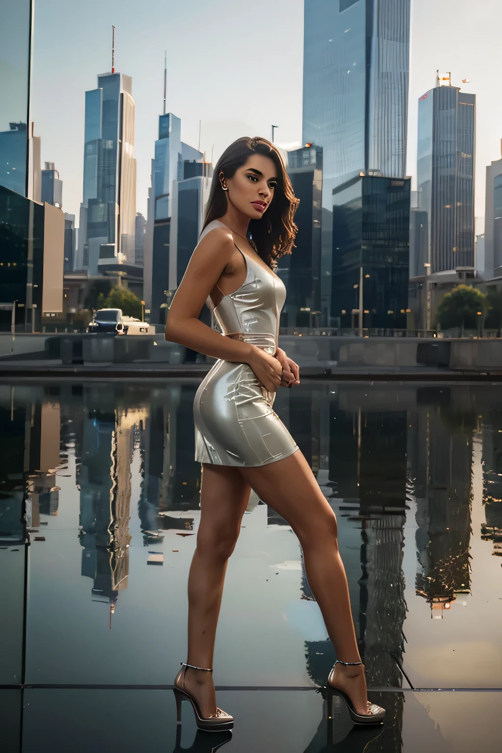 Young sexy woman Angelina Jolie type. short tight dress with slit, high heels. big breasts, almond-shaped eyes, long slender legs. posing on the street