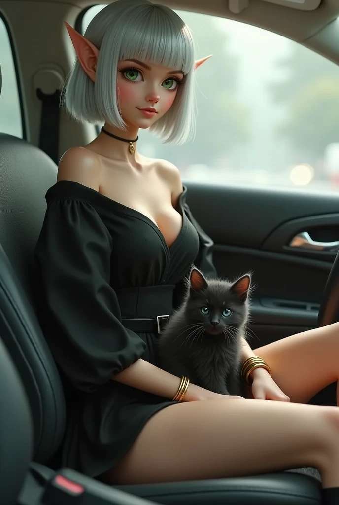 1 lady, solo, A elven lady\(silver bob cut, blunt bangs, green eyes, Pointy Ears, gold bangle, bare shoulder black mini dress, black short boots\) goes shopping in her car. with a fluffy black kitten\(no extra tails\) in the passenger seat.