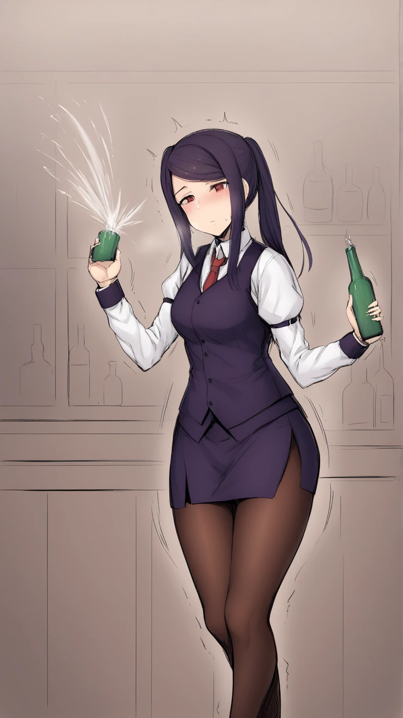 jill stingray, necktie, pantyhose, skirt, vest, white shirt behind the bar, shaking alcohol calmly