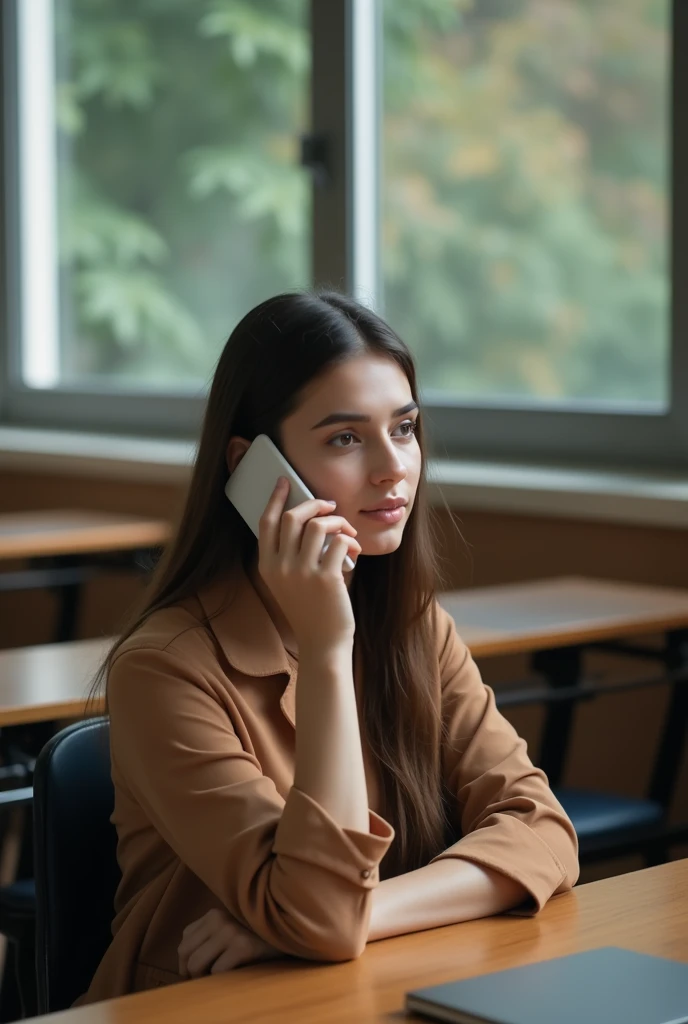 a portrait photo of a beautiful young woman in a coffee shop, looking at viewer, tenant le telephone avec des ombres et des contrastes breckie_hill_new