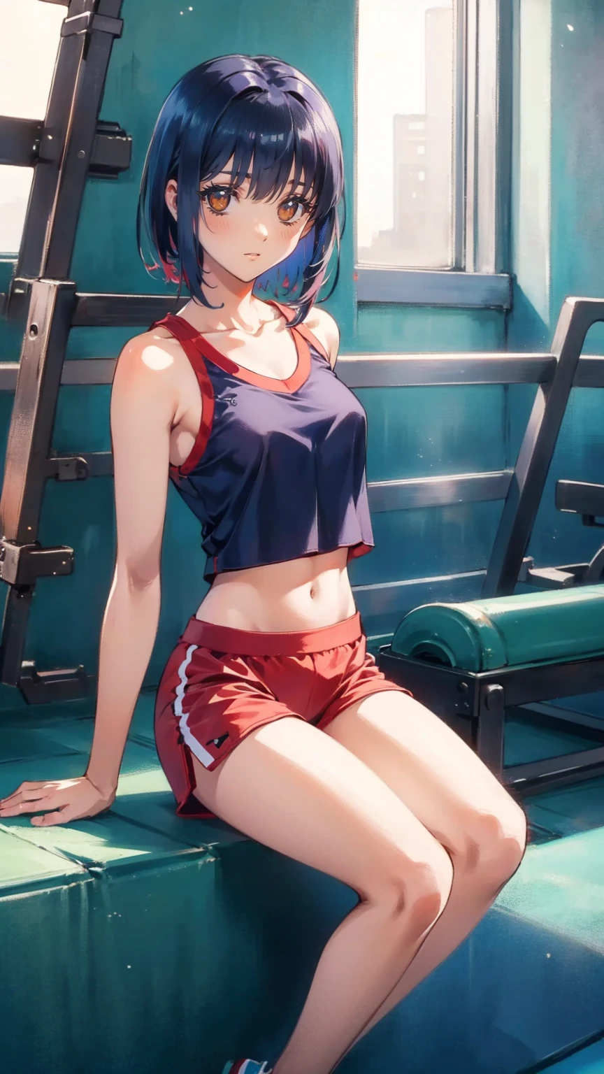  (  girl), (  flat chest:1.3), (  very detailed目,  very detailed顔), ( realistic にสุดๆ,  high res ), (  top quality :1.4), (  top quality ), 5, Midea, 1人の girl,score_9, score_8_ up, score_7_ up, score_6_ up, score_5_ up, score_4_ up,  real skin texture deep into the night,  RAW photos , ( realistic に,  realistic :1.37),  very detailed,  professional photos  , (masterpiece:1.3,  top quality ,  ultra high resolution ,  ultra More), ( realistic , photo realistic :1.4),  beautiful illustration,  perfect lighting,  natural light,  depth of field , beautiful detailed hair,  beautiful detailed face , beautiful detailed eyes,  beautiful collarbone,  beautiful body ,  beautiful breasts ,  beautiful thighs,  beautiful legs,  look under those beautiful fingers,  viewers, tall  、 Black Haired High School Girl、Excellent athletic abilityを持っている,   wearing gym clothes ,   An 18-year-old  surrounded by numbered colored volleyball jerseys  , Stand with Confidence, Cheerful and smiling,   at a big school gym ,     ,    Bright sunlight shining through a window  ,  Her attitude is strong 、Excellent athletic ability,   her eyes are full of life , background,  they're ding her ., She is unfazed,   anime style  , Bright and warm lighting,  Detailed Gym backgrounds ,   dynamic composition  , 8K quality,   depict crimson hair in detail 
