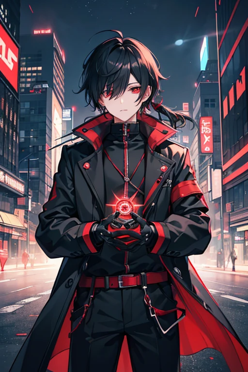 (( top quality )), ((masterpiece)), ( Details),　Male young 　Black hair with one eye hidden 　 futuristic industrial anime clothing 　 slightly larger black long coat 　Black and Red　 red eyes　Deploying a blue magic circle 　 holding red and black blades in both hands　 game　Neon city at night