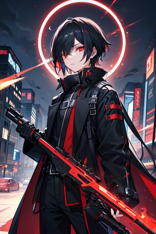 (( top quality )), ((masterpiece)), ( Details),　Male young 　Black hair with one eye hidden 　 futuristic industrial anime clothing 　 slightly larger black long coat 　Black and Red　 red eyes　Deploying a blue magic circle 　 holding red and black blades in both hands　 game　Neon city at night