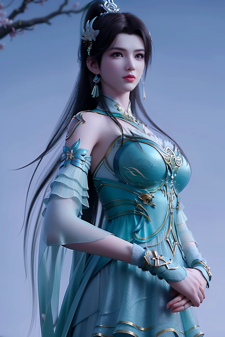 (masterpiece),(best quality:1.3),8k,absurdres,highres,
xuner,1 girl, solo, black hair, long hair, ponytail, hair decoration, green dress, gold decoration, (sleeve length: 1.1), see-through sleeves, detached collar, shiny clothes, shiny skin, earrings, jewelry , closed mouth ,(looking at the audience:1.1),slight smile,breasts,(pale skin:1.2),thin,narrow waist,arms up,hands on own hips,
(gloss:1.3),slender legs, high heels,wind lifter,dynamic pose,branches,(plum blossom:1.2),blue sky , (upper body:1.3),