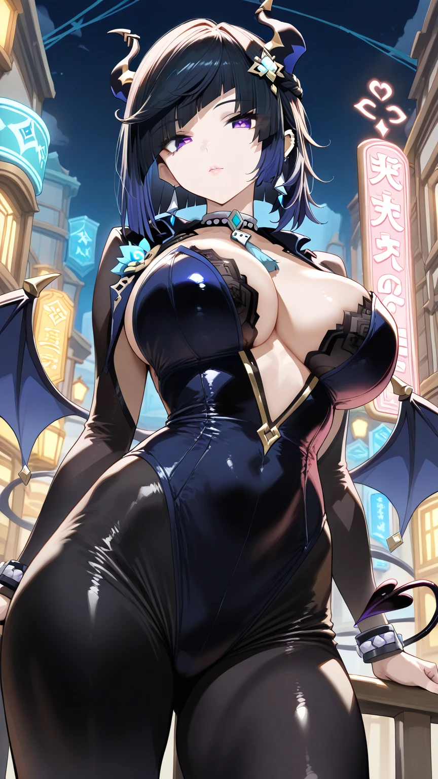 ( top quality:1.2,  super high resolution, high detail, masterpiece:1.3,  top quality,  Best Aesthetics ), ((YelanV4_\(Genshin Impact_Influence\), Long_hair,  Big Breasts , hair_Exceed_one_ eyes, hair_ ornament ,  bangs, Alternate clothing)), (Succubus, Succubus, Succubus, Sexy suit , devil&#39; Wings ,),  emphasizes individuality and uniqueness , Beautiful and beautiful  eyess,  beautiful lips, Long  eyeslashes,  Bright Colors , Sexy atmosphere,  Big Breasts :1.4, Beautiful, upright bust line , , night,  neon lights , Hook of Holland,  focuses on fine facial details ,  Soft and warm colors .