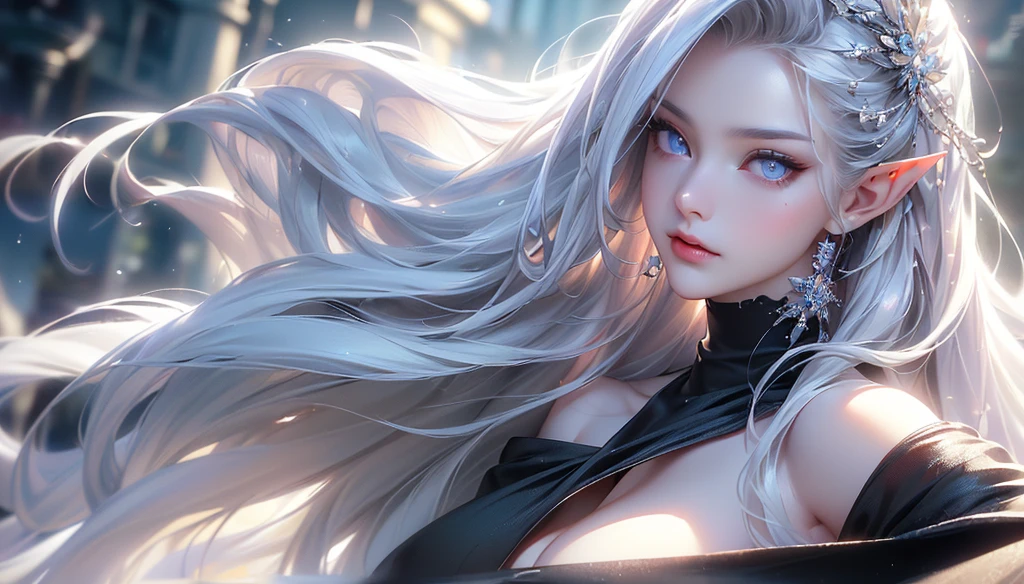 ((Picture from the waist up、Zoom out))((masterpiece:1.5、8k、Tabletop、Photorealistic and very detailed CG、Very detailed、Particle Effects、Dynamic Effects、Shallow depth of field、Cinematic Light、Lens flare、Ray Tracing、Tabletop、Realistic:1.4、Ultra-high resolution:1.2、Realistic、Realistic))((alone、,A woman wearing a black cashmere coat over a halter neck dress:1.4、Elegant woman posing、Detailed face、brightexpression、young, bright, Whiter skin、Medium chest、Beautiful cleavage、Best Looks、ASİAN、Ultimate beauty、bright and shiny hair,、Super long, Silky straight hair、Hair dancing in the wind))(morning、The setting is outdoors in the snow、Crystal of snow)((shiny white hair))