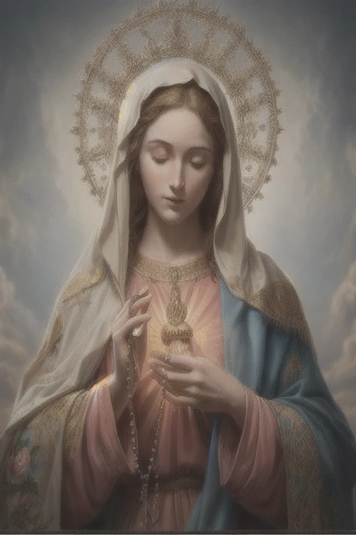 Mary with her eyes closed holding the rosary 