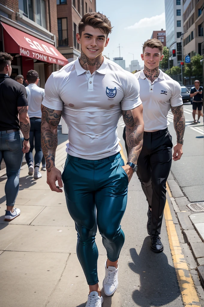 full view full body, two arrogant different monstruously over-muscular college white european blonde handsome young football linemen with blonde short undercut haircuts, in white socks, shoes off, over-inflated and over-bloated shoulders, abs, pecs, biceps and legs, wearing blue shiny lycra skinsuits, golden rings, sitting on bench in their socks, posing, flexing massive over-inflated biceps, showing off their white socked feet, no shoes, basketball yard