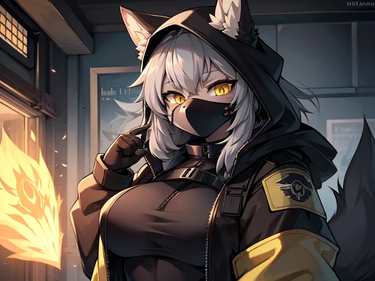 женщина anthro furry wolf ,absurdity,  high resolution,  ultra-detailed , 1 girl,oversized jacket with hood,whole body,  original character,girl, grey hair, yellow eyes ,shoulder length hair,  complex black mask, military general, { better quality }}, {{ masterpiece fails}}, {{ ultra-detailed }}, {illustration}, {Detailed light}, Nuclear fusion