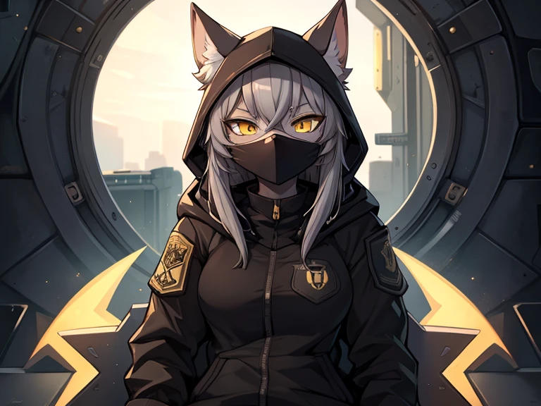 женщина anthro furry wolf ,absurdity,  high resolution,  ultra-detailed , 1 girl,oversized jacket with hood,whole body,  original character,girl, grey hair, yellow eyes ,shoulder length hair,  complex black mask, military general, { better quality }}, {{ masterpiece fails}}, {{ ultra-detailed }}, {illustration}, {Detailed light}, Nuclear fusion