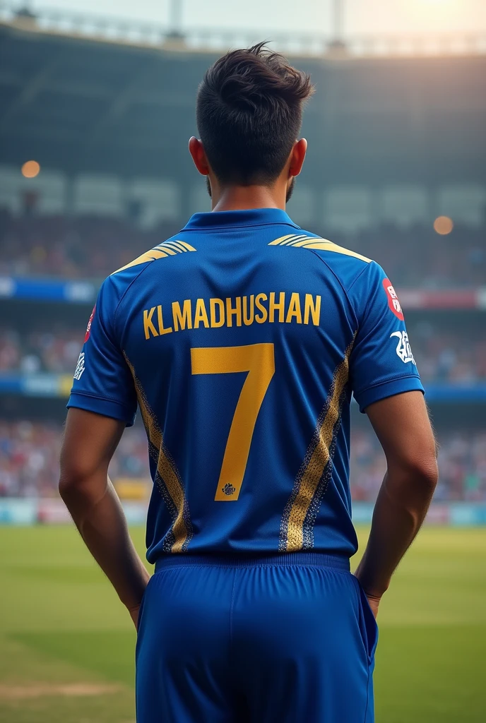 Give me a cricketer with the jersey number 19 and name haran written on the jersey, viewed from back, with helmet in one hand and bat in another hand, with both hands facing up, and blue jersey and Ceat sticker in the bat 