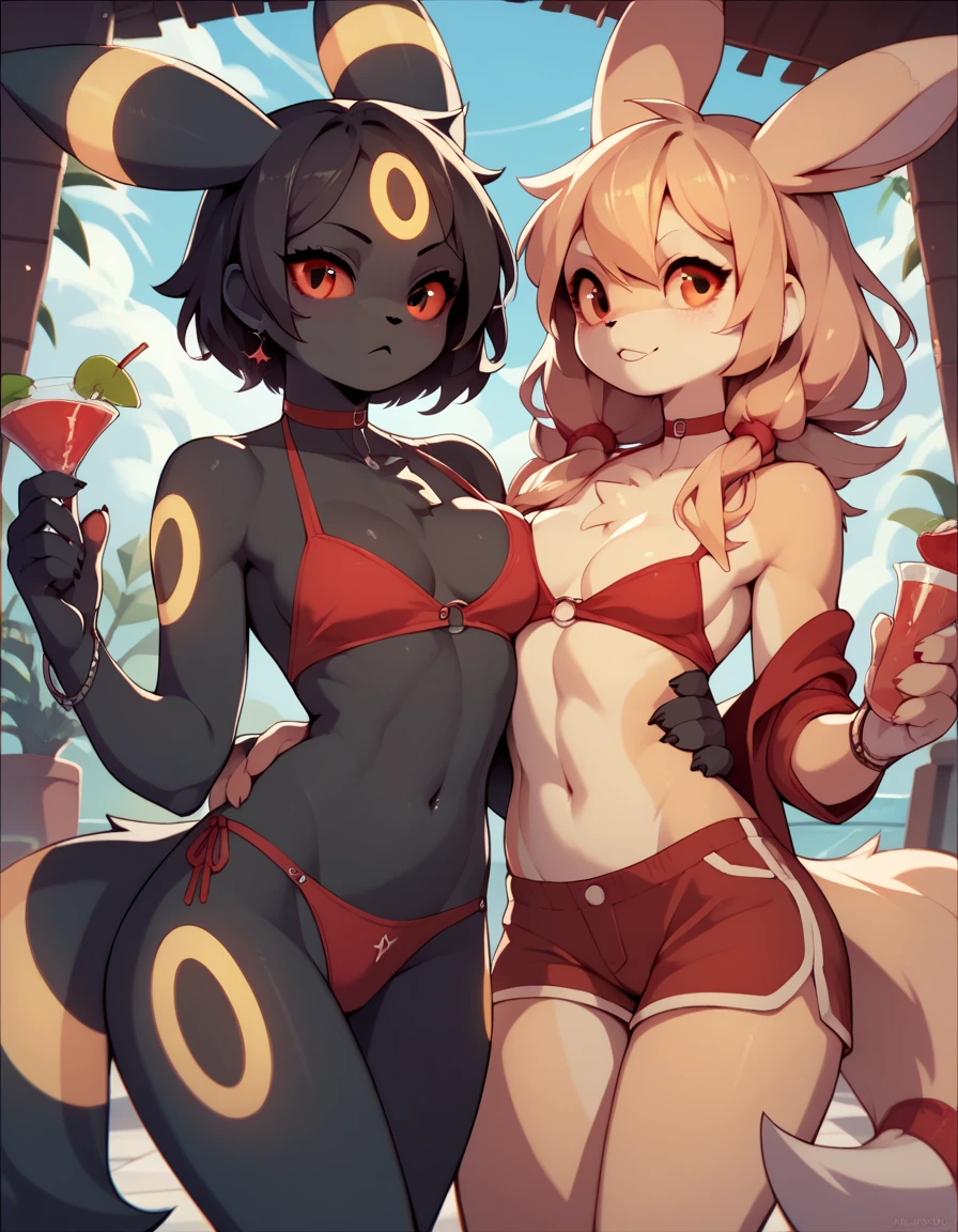 male/female duo, score_9,score_8_up,score_7_up, an anthro furry female espeon girl, white swimsuit, an anthro furry male umbreon, standing, beach background.