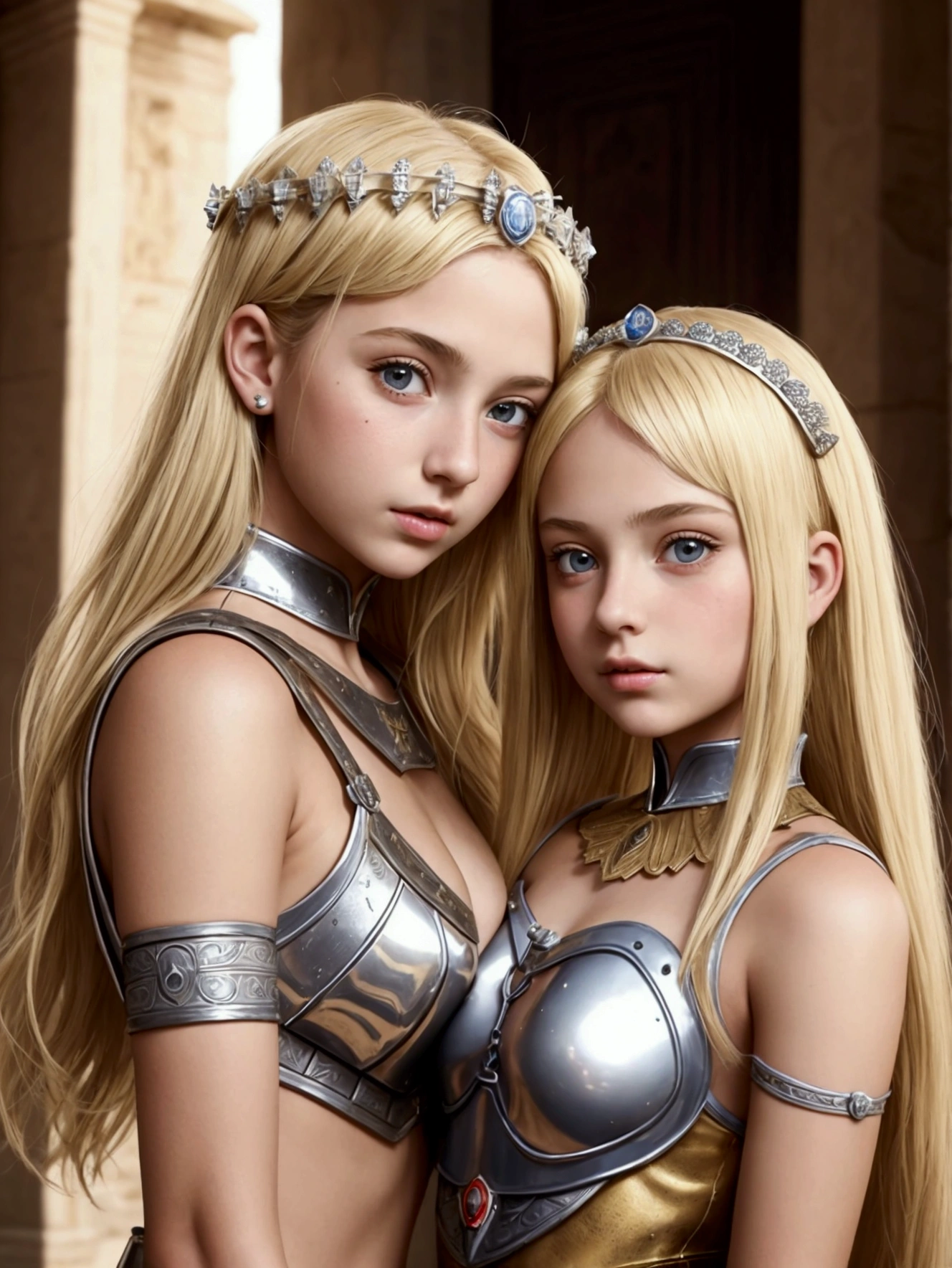 mother and daughter portrait break: mature woman, roman warrior, queens blade , middle age, blonde, detailed face, curvy, fighter position, background in uk land break: teen girl, roman warrior, princess blade , 13 years old, teenager girl, small breasts, mini cropped, valkyrian princess ,blonde, detailed face, beautiful, confiant, background in uk land with flowers, soft lesbians