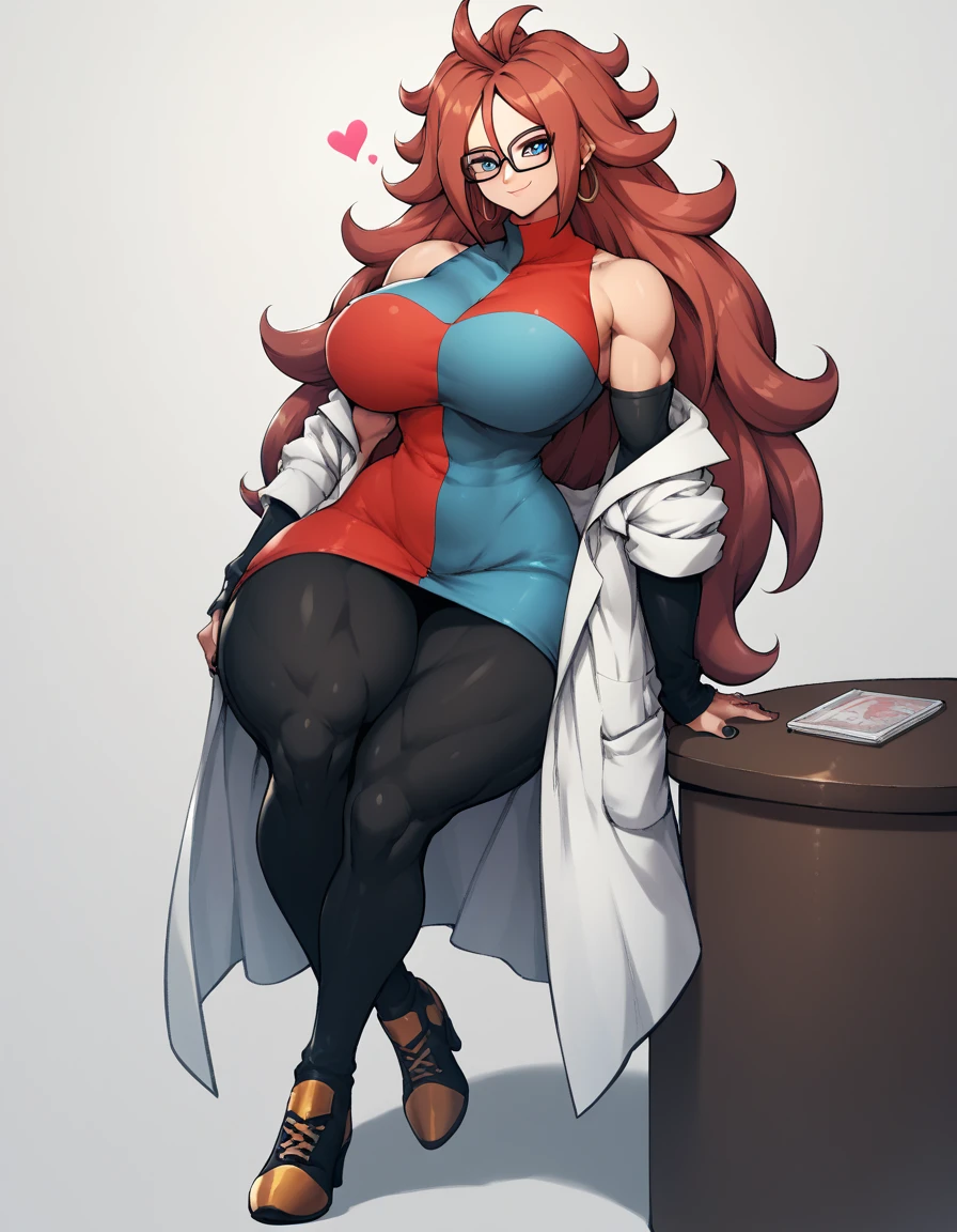 android 21, blue eyes, red hair, glasses, long hair, very long hair, black-framed eyewear, smile,
black sleeves, black nail color, checkered clothes, checkered dress, detached sleeves, dress, lab coat, turtleneck,
indoors,
looking at viewer, Huge breasts, huge thick thighs, Huge butt, wide hips, thick legs, sexy body, muscles, six pac, full body, bicolor shoes, Black pants, in love, heart pupils