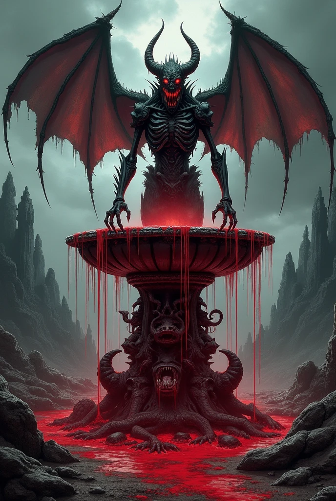 Create a drawing with a DARK theme featuring a skull surrounded by red gargoyles flying within a playing card. The card has white borders and golden letters. The skull and gargoyles should be depicted in a dark and eerie style, contrasting against the light background of the card