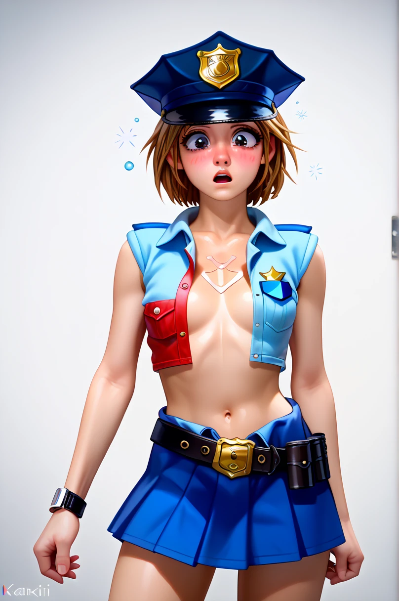  One girl ,  Kairi from Kingdom Hearts,  viewers,( slender body:1.2),(Blushed face:1.0),real skin ,small breasts,  shiny hair ,  Super Detailed Black Eyes,( Equipped Police Belt :1.5),( watch ),( shot from the front:1.2),24K,(Standing in a sexy pose:1.2),(Drunk:1.2),(Surprised:1.0),(mini length police skirt:1.2),(rolled up sleeveless police shirt ),Captivating thighs,( unmanned white background in the center of the screen:1.2),(Naturally :1.0),(( real:1.0)),(( realistic :1.0)),((Piece on chest :1.5)),(( cowboy shot:1.5))