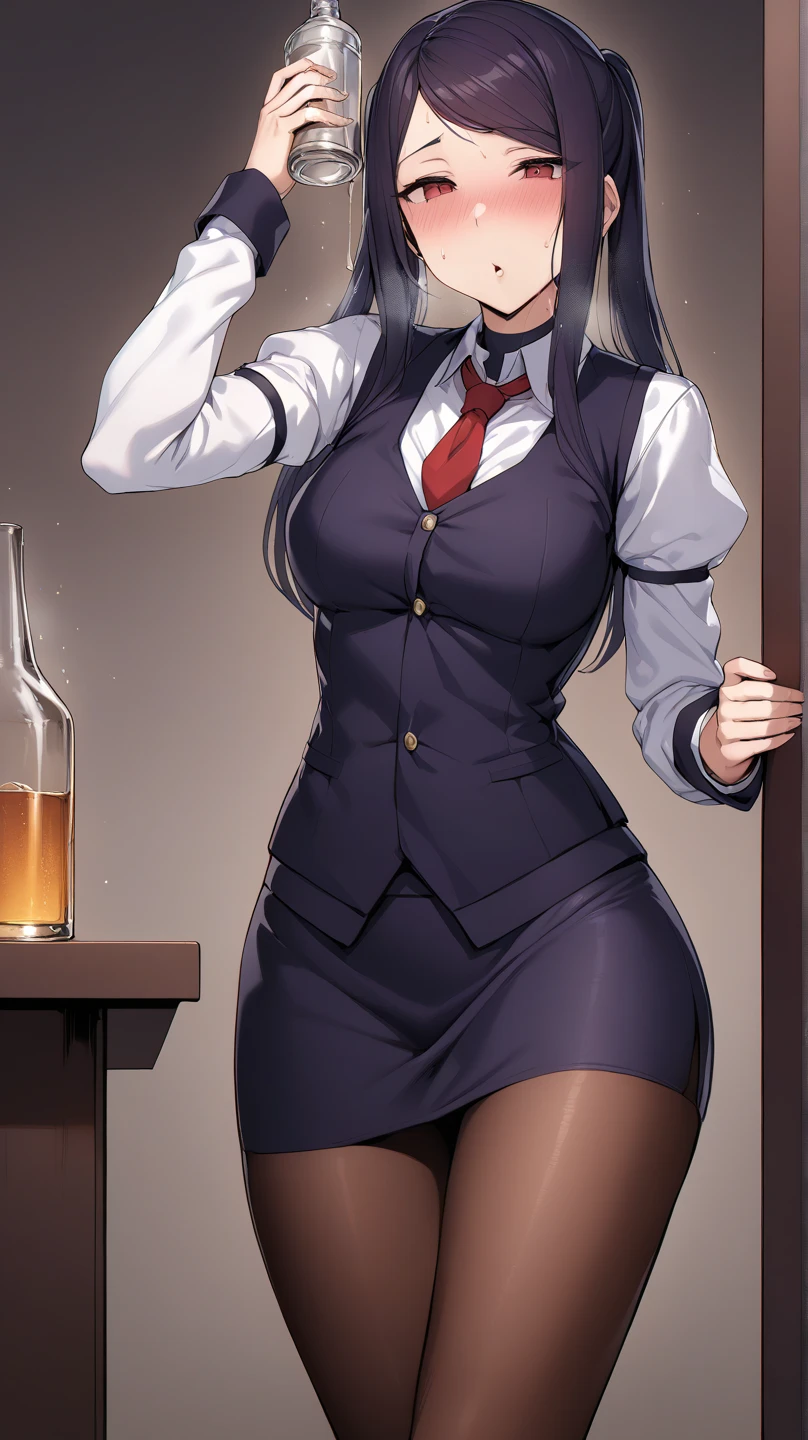 ((alone)), jill stingray, necktie, pantyhose, skirt, vest, white shirt behind the bar, shaking alcohol,from front,High quality,Ultra-high resolution,High-definition illustrations,Masterpiece,extremely detailed,highres,detail mouth, sexual woman,(SuperQuality:1.0) ~ (SuperQuality:1.2),