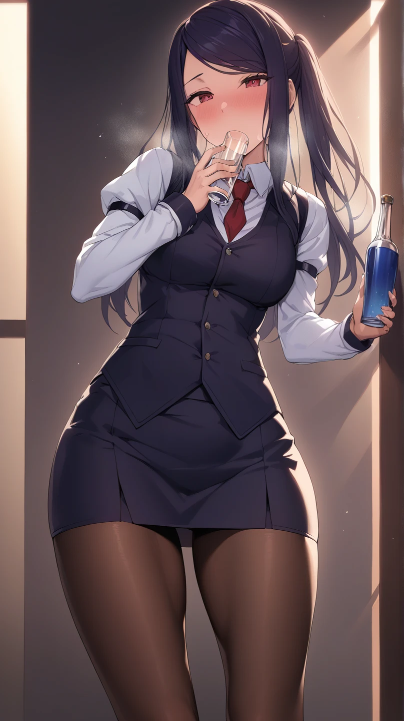 ((alone)), jill stingray, necktie, pantyhose, skirt, vest, white shirt behind the bar, shaking alcohol,from front,High quality,Ultra-high resolution,High-definition illustrations,Masterpiece,extremely detailed,highres,detail mouth, sexual woman,(SuperQuality:1.0) ~ (SuperQuality:1.2),