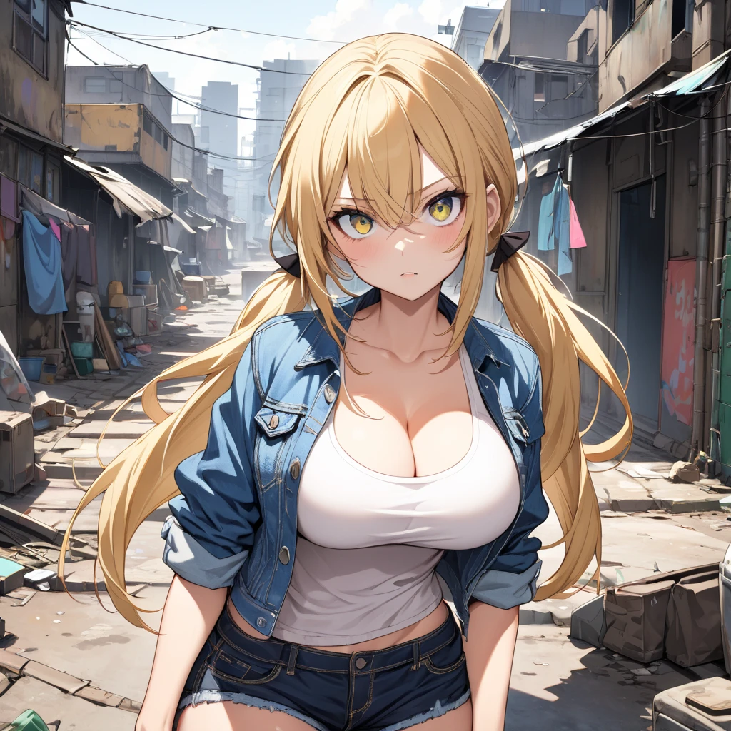 Close-up of a woman holding a gun wearing a white T-shirt and unbuttoned micro denim hot pants, blonde long hair, baseball cap, small details. female action anime girl, Anime full body illustration, urban combat zone, gun action, big ass, panty lines, ((Panties that dig into the crotch)), get down on one knee, sneakers, dull bangs, adult woman, belly button